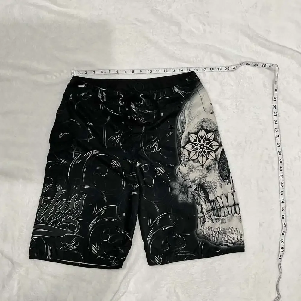 Fearless Skull Tattoo Board Shorts Cyber Y2K Goth Trunks Size 32